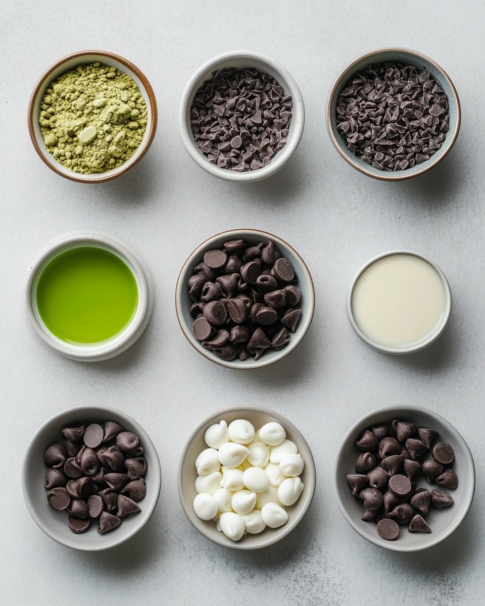 The image shows several square pieces of layered mint chocolate fudge scattered on a white marbled surface. Each piece has three visible layers: a smooth dark brown chocolate layer on top, a thick light green mint layer in the middle, and another thin dark brown chocolate layer at the bottom. Small crumbs and broken bits of chocolate are around the pieces, and bright green mint leaves are placed beside and between the fudge squares. Part of a white cloth with pale blue stripes is visible at the bottom left corner. photo taken with an iphone --ar 4:5 --v 7