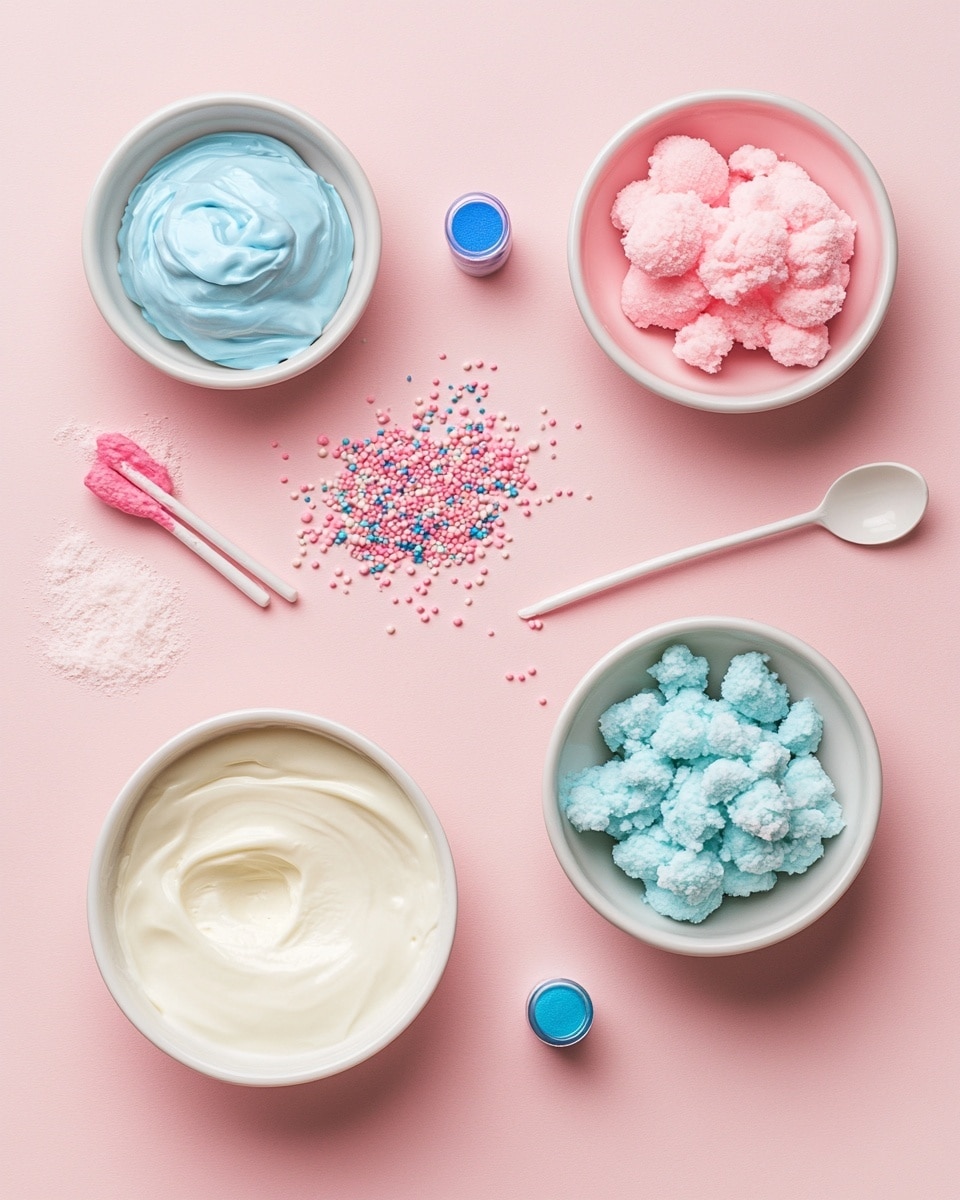 The image shows a clear glass container filled with a swirled mix of pink and light blue ice cream, creating a smooth, creamy texture with a dotted pattern on top. The ice cream has thick, rounded dollops of pink and blue mixed together in layers inside the container. A metal ice cream scooper is lifting a full scoop of the blue and pink ice cream from the center, showing the soft texture inside. Behind the container, there are fluffy clouds of cotton candy in matching pink and blue colors resting on a white marbled surface. photo taken with an iphone --ar 4:5 --v 7