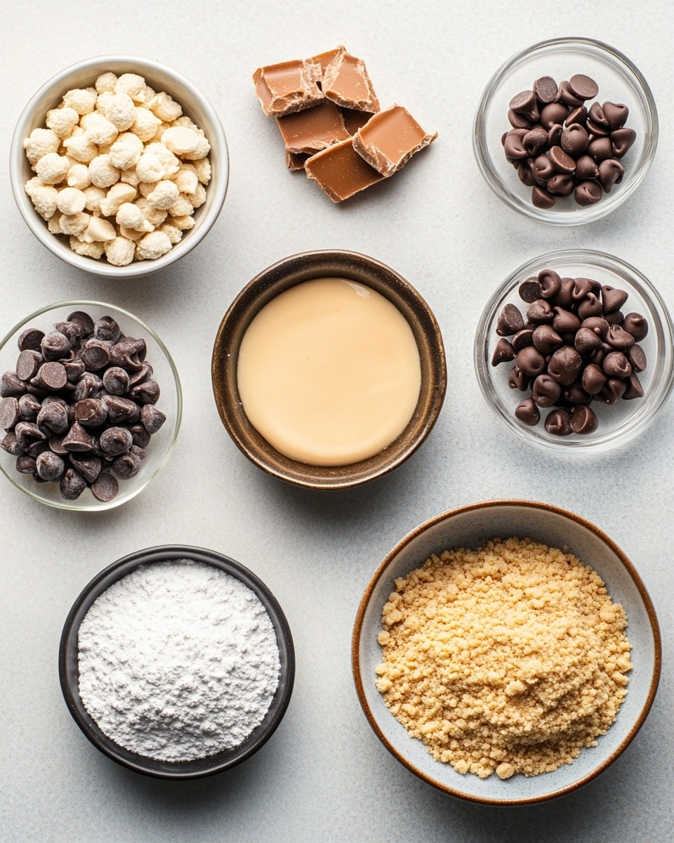 A slice of chocolate peanut butter pie is lifted above the whole pie, showing three thick layers: a dark chocolate crust at the bottom with a crumbly texture, a thick creamy peanut butter middle layer in light brown, and a smooth dark chocolate topping with a shiny finish on the top. The pie sits on a white plate on a white marbled surface, with small chocolate crumbs around it. In the background, there are small white bowls with chocolate chips and peanut butter, and a stack of white plates with spoons. Photo taken with an iphone --ar 4:5 --v 7