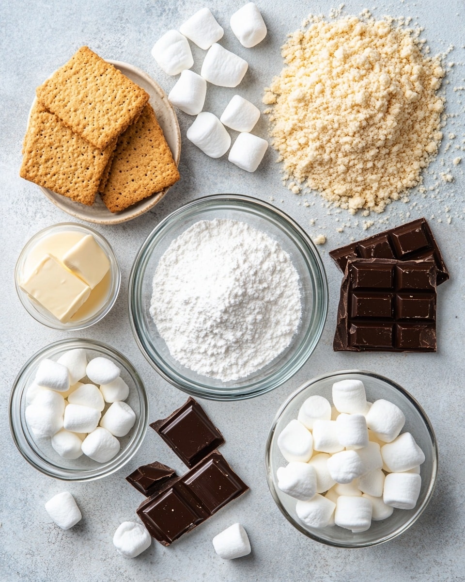 The image shows a square dessert bar being lifted from a metal baking pan with a spatula. The dessert has three layers: a crumbly golden brown crust at the bottom, a dark chocolate middle layer visible on the separated piece, and a top layer of small marshmallows toasted to a golden brown color. The marshmallows are evenly spread and browned in spots, creating a textured patchwork look. The pan rests on a white marbled surface with some crumbs around it. Photo taken with an iphone --ar 4:5 --v 7