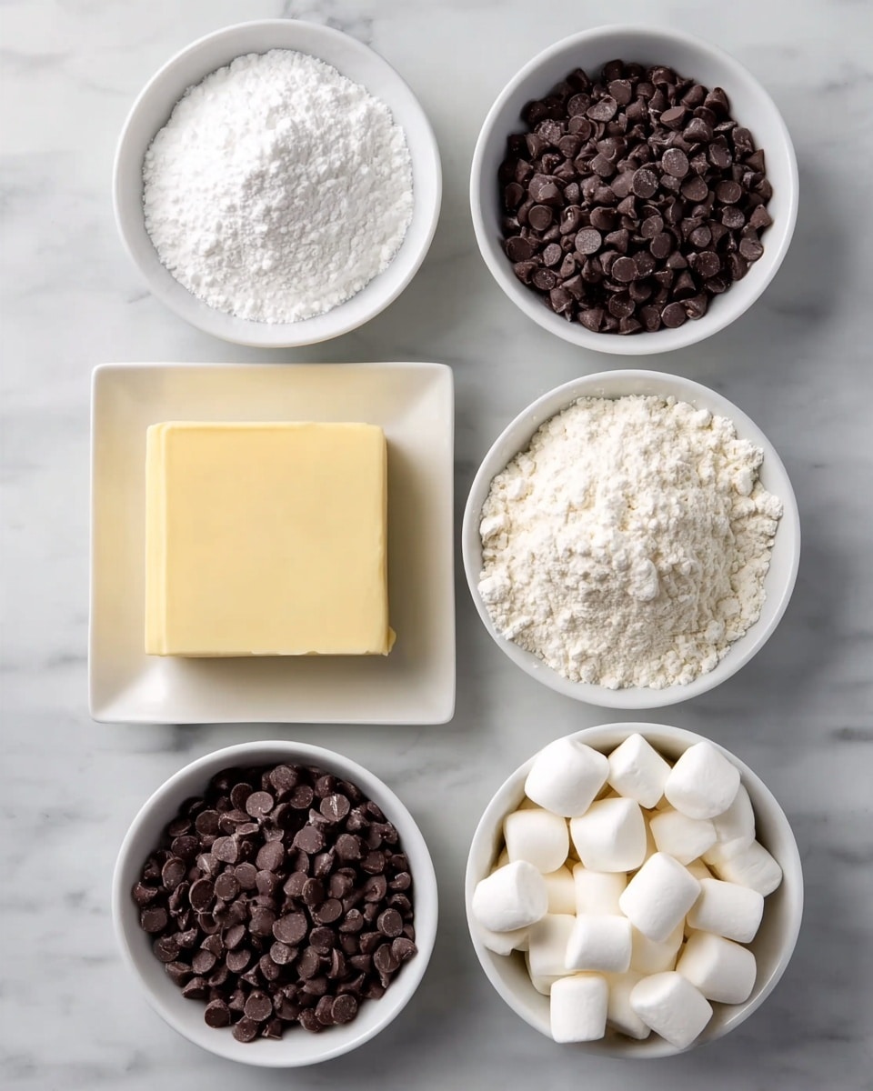 The image shows six white dishes arranged in a grid on a white marbled surface. On the top left, there is a round bowl filled with fine white granulated sugar. To its right, there is a round bowl full of dark chocolate chips, their shiny surfaces visible. Below the sugar bowl, there is a square plate with a neat block of pale yellow butter, smooth and rectangular. Next to the butter, on the right, is a square bowl with white flour that is slightly clumpy. Below the chocolate chips, another round bowl holds more dark chocolate chips. The last dish, a round bowl in the bottom right, contains large, soft-looking white marshmallows. All dishes are pristine white, neatly filled, and placed on the white marbled background, with bright, even lighting. Photo taken with an iphone --ar 4:5 --v 7