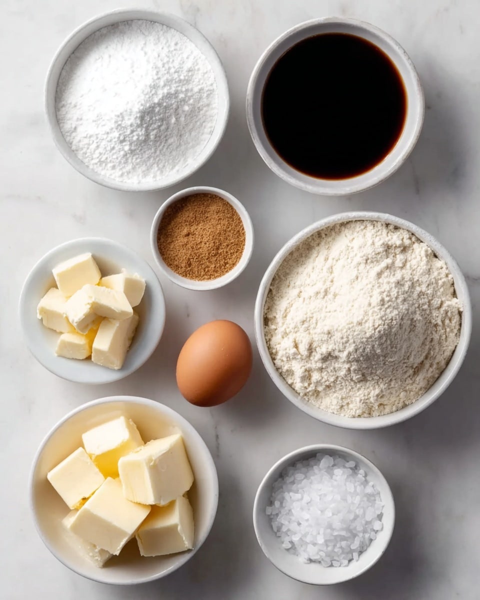 The image shows seven white bowls and one small white cup on a white marbled surface. The largest bowl is filled with white flour piled high in the center. To its top right is a bowl filled with dark brown liquid, likely soy sauce, with a smooth surface. Above the large flour bowl, there is a bowl containing bright white powdered sugar with a soft, powdery texture. To the left of the powdered sugar is a smaller bowl holding light brown sugar crystals. Below this is a small bowl with a single brown egg. At the bottom left corner, a small white cup holds several pale yellow butter cubes stacked loosely. Finally, in the bottom right corner, a bowl contains coarse white salt crystals. The bowls are neatly arranged in a slight arc on the white marbled surface. photo taken with an iphone --ar 4:5 --v 7