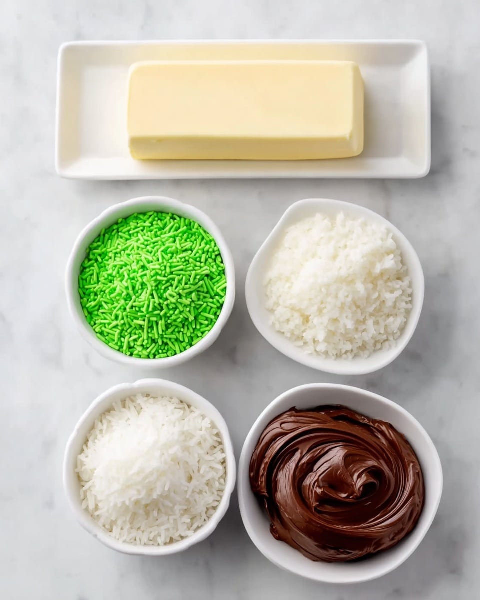 The image shows five small white bowls and a white rectangular plate arranged on a white marbled surface. The top left bowl is filled with white rice-like sprinkles with a matte texture. Next to it, on the right, is another bowl filled with a light, fluffy white cream. Below these, the white rectangular plate holds a smooth, pale yellow block of butter with clean edges. To the bottom left, a bowl holds bright green sugar sprinkles, small and cylindrical, filling the bowl evenly. The bottom right bowl contains smooth, dark brown chocolate frosting with a shiny, creamy texture and a visible swirl in the center. photo taken with an iphone --ar 4:5 --v 7