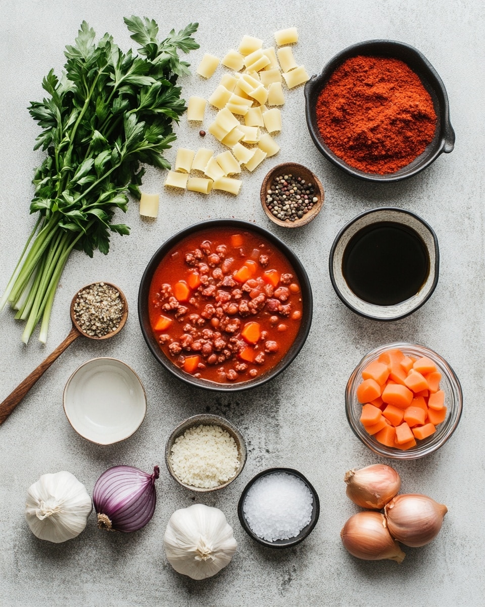 A white pot filled with a thick red tomato soup full of small round pasta, pieces of orange carrot, beans, and ground meat. A silver ladle lifts a scoop of the soup, showing its chunky texture with pasta and vegetables clearly visible. In the top left, there are stacked white bowls with three old silver spoons resting inside, next to fresh green parsley. On the top right, pieces of crusty brown bread sit on a white cloth. The scene is set on a white marbled surface with a green cloth napkin on the bottom right. A woman's hand is seen holding some of the bread. photo taken with an iphone --ar 4:5 --v 7