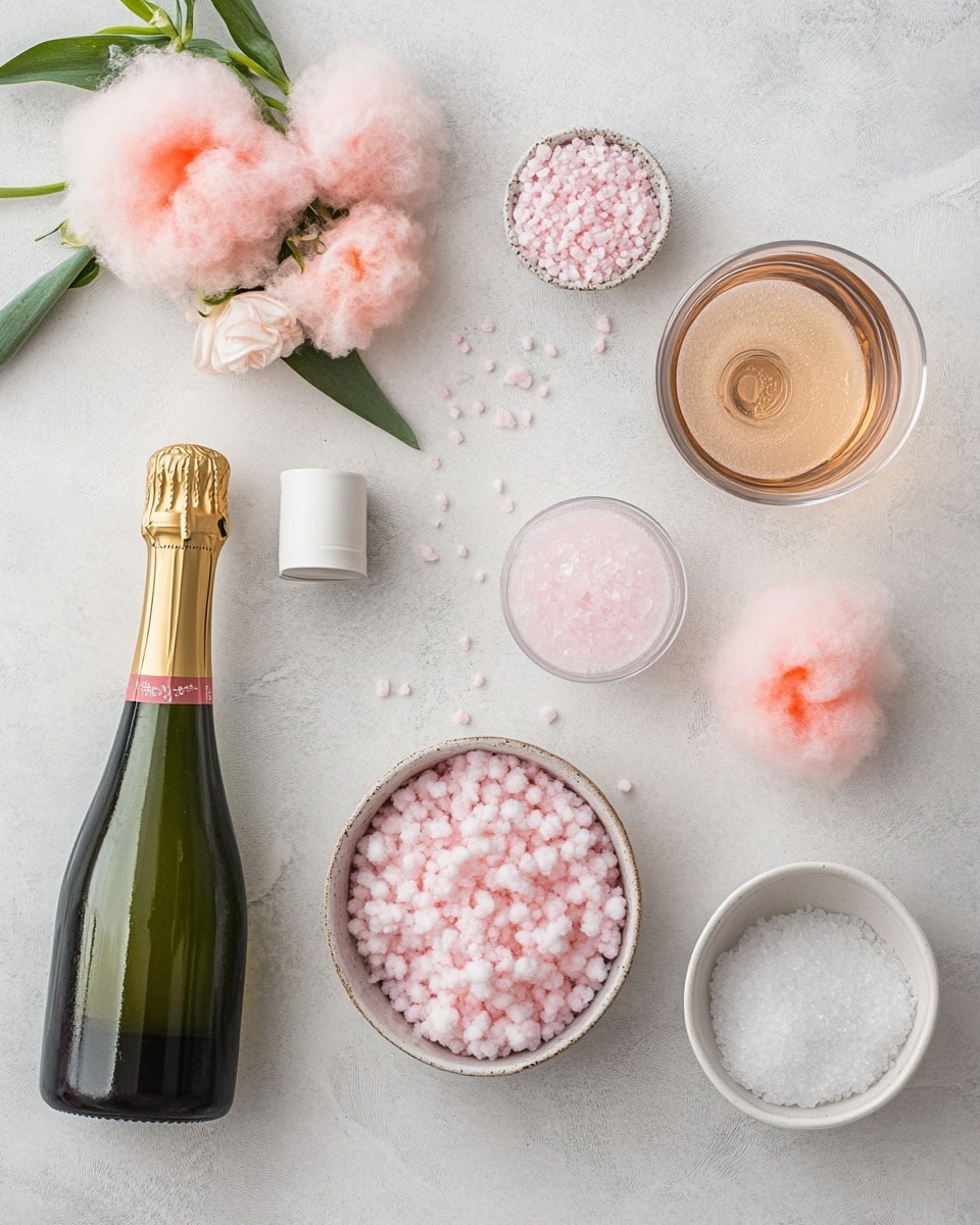 A clear glass with a long stem holds a bright pinkish-orange drink, with tiny bubbles visible through the liquid, topped by a soft, fluffy layer of pale pink cotton candy resting on the rim. Behind it, there is another glass with a similar drink but without cotton candy. The background and surface are a white marbled texture with soft light, and there is a blurred glass vase with green stems and white flowers in the background. Photo taken with an iphone --ar 4:5 --v 7