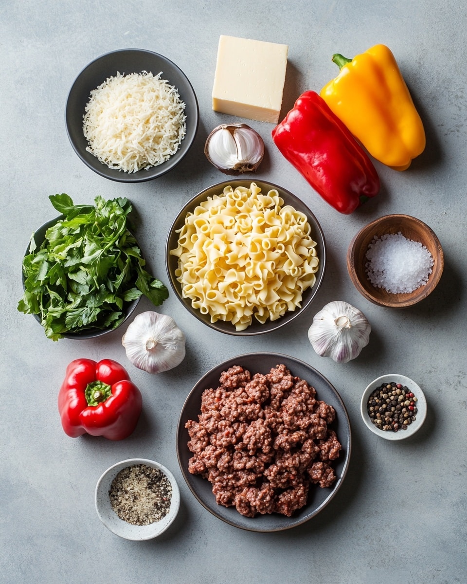 A round white pan filled with a baked pasta dish showing curled macaroni covered with melted light golden cheese that forms a slightly browned crust on the top layer. Mixed in with the pasta are slices of grayish mushrooms and small pieces of red bell pepper, scattered evenly beneath the cheese. The edges inside the pan show baked, slightly browned sauce residue. The dish rests on a white marbled surface with a small white bowl of chopped green herbs placed nearby at the top right and a gray cloth at the far right. Photo taken with an iphone --ar 4:5 --v 7