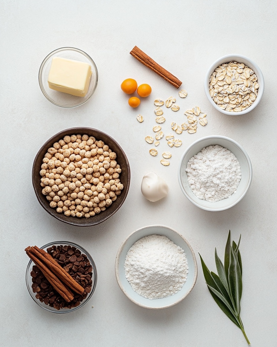 A close-up image of a bowl filled with a single layer of light brown ring-shaped cereal, sprinkled lightly with a white powdery coating. The cereal rings are unevenly colored, with some parts darker and others lighter, showing slight rough texture. The bowl is white with a black intricate floral pattern inside and a bright yellow rim that encircles the top edge. The background surface is a white marbled texture. photo taken with an iphone --ar 4:5 --v 7