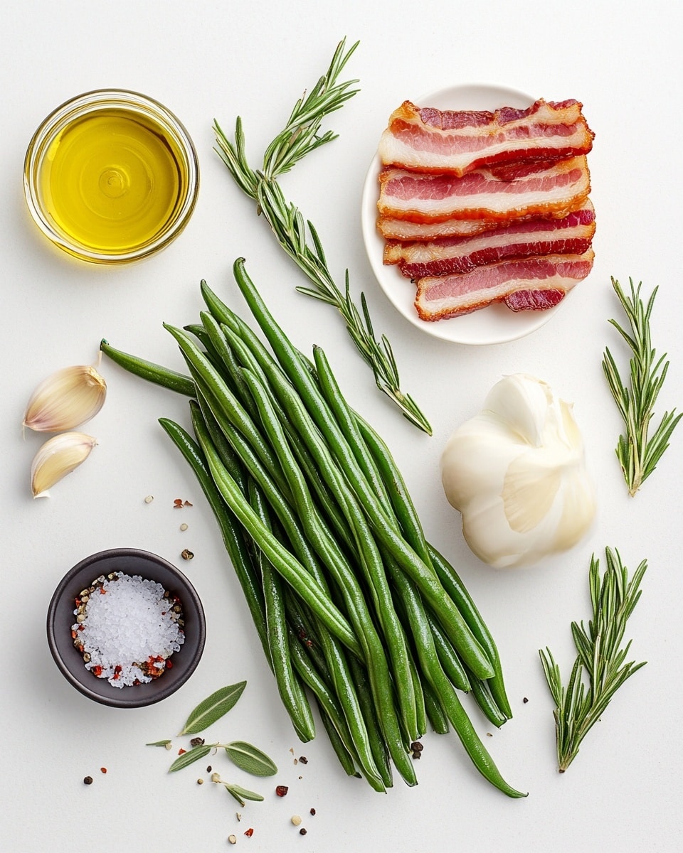 A long white plate holds nine bundles of green beans, each bundle wrapped tightly in a strip of cooked, golden-brown bacon. The green beans look fresh and slightly shiny with a roasted texture. The plate is placed on a blue and white patterned cloth, all set on a white marbled surface. There is a silver fork resting on the cloth near the plate. photo taken with an iphone --ar 4:5 --v 7