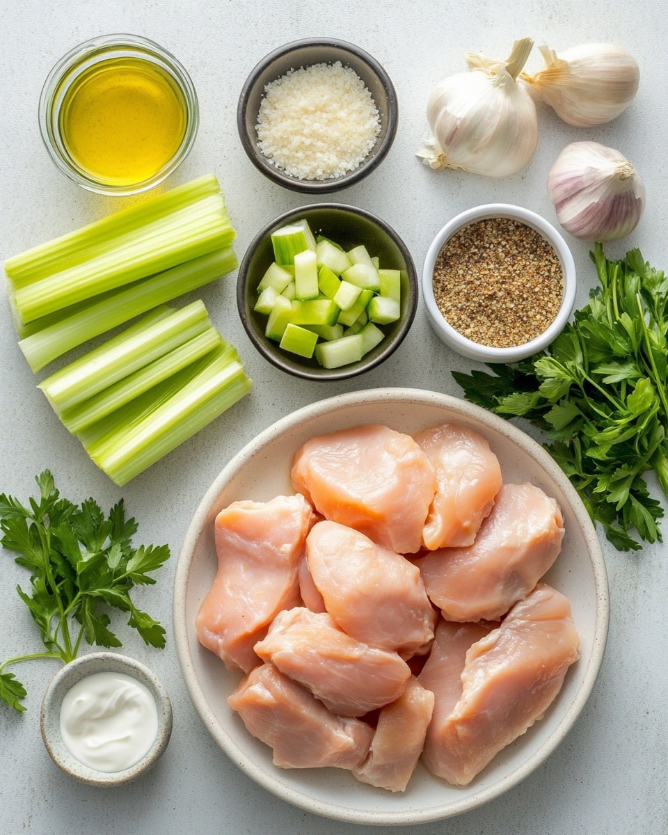 The image shows four browned chicken pieces with visible grill marks, sitting in a creamy light beige sauce with chunks of green celery and small bits of translucent onion. The sauce covers parts of the chicken, creating a smooth, rich texture that contrasts with the crisp, dark brown outer layer of the chicken. Small green herb leaves are sprinkled on top of the chicken and sauce, adding color. All of this is inside a white pan with black edges, placed on a white marbled surface. photo taken with an iphone --ar 4:5 --v 7