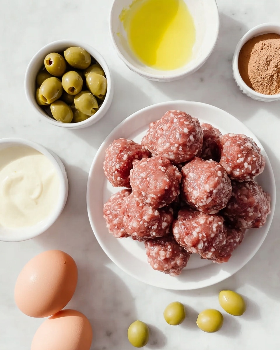 The image shows a white plate filled with round, raw meatballs with a red and white marbled texture, placed on a white marbled surface. Nearby are two whole brown eggs resting side by side. There are four small white bowls around the plate: one contains green pickled peppers with a glossy texture, another with a smooth yellow sauce, a third holds a creamy white sauce, and the last bowl has a fine brown powder. Three green pickled peppers are scattered on the white marbled surface near the bowls. The photo taken with an iphone --ar 4:5 --v 7