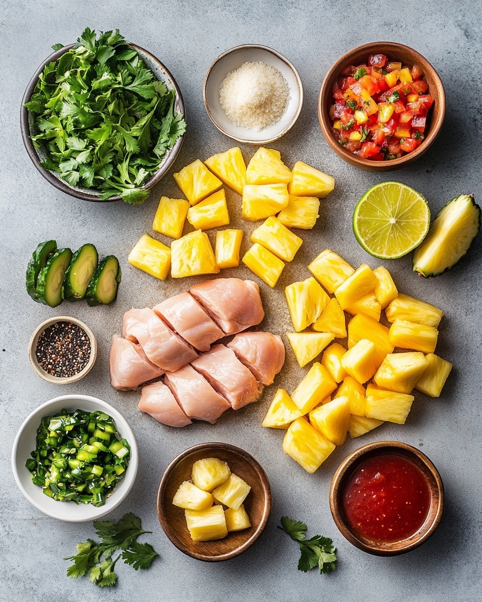 A white round plate holds a base layer of fluffy white rice, topped with dark brown glazed chunks of meat arranged unevenly. Scattered over the meat and rice are small, bright yellow pineapple cubes and green avocado pieces, adding color contrast. Fresh green herb sprigs are placed on top for garnish. Two lime wedges with a bright green peel rest on the edge of the plate. The plate is set on a wood textured surface with some scattered pineapple cubes and herbs visible nearby. Photo taken with an iphone --ar 4:5 --v 7