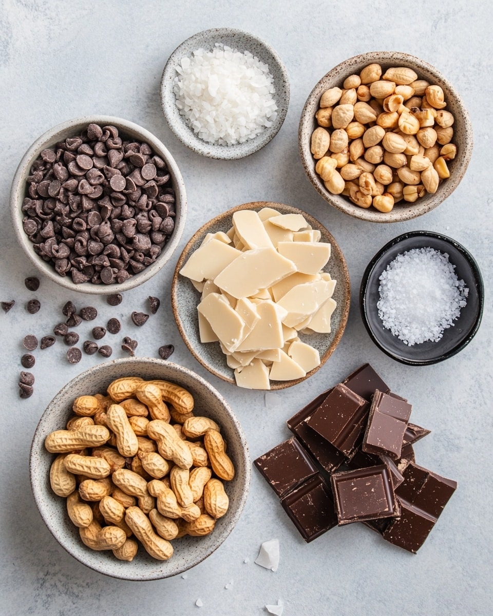 The image shows a stack of four chocolate clusters on a white marbled surface. The cluster at the top is broken in half, revealing a rich dark brown chocolate exterior with whole and halved nuts embedded inside. The surface of each cluster is uneven with visible nuts creating bumps and texture. The chocolate appears smooth and shiny, while the nuts are light yellow with a slightly rough texture. In the background, more blurred chocolate clusters are visible, keeping focus on the stacked ones in the front. photo taken with an iphone --ar 4:5 --v 7