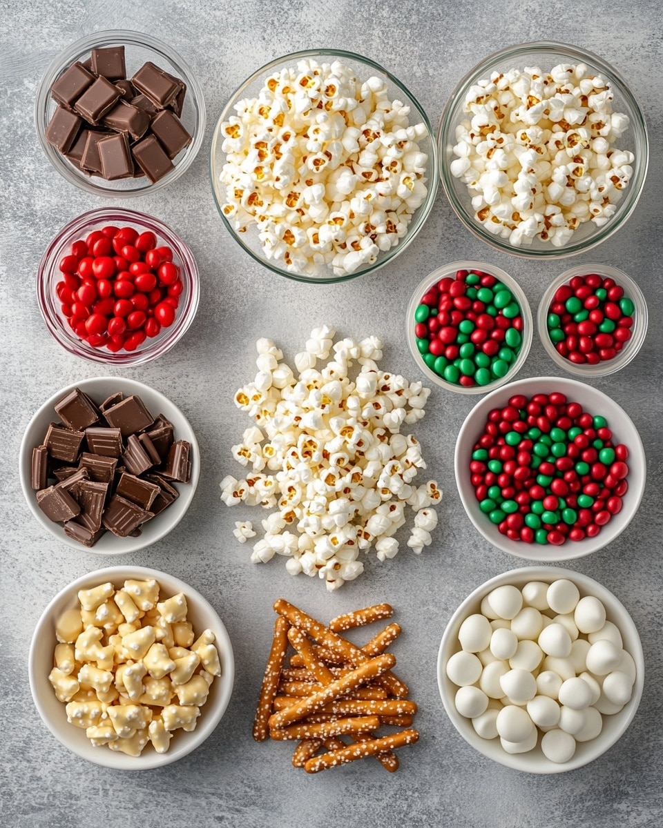 This image shows a close-up of a mix made of white popcorn, light brown pretzels, red and green candy-coated chocolates, all covered with small round red, green, and white sprinkles. The different snacks are mixed tightly together, with the popcorn acting as the main layer, the pretzels scattered evenly over it, and the colorful candies distributed throughout, adding bright pops of red and green among the white popcorn. The tiny sprinkles cover the popcorn and candies, giving a festive look. The background is a white marbled texture. photo taken with an iphone --ar 4:5 --v 7