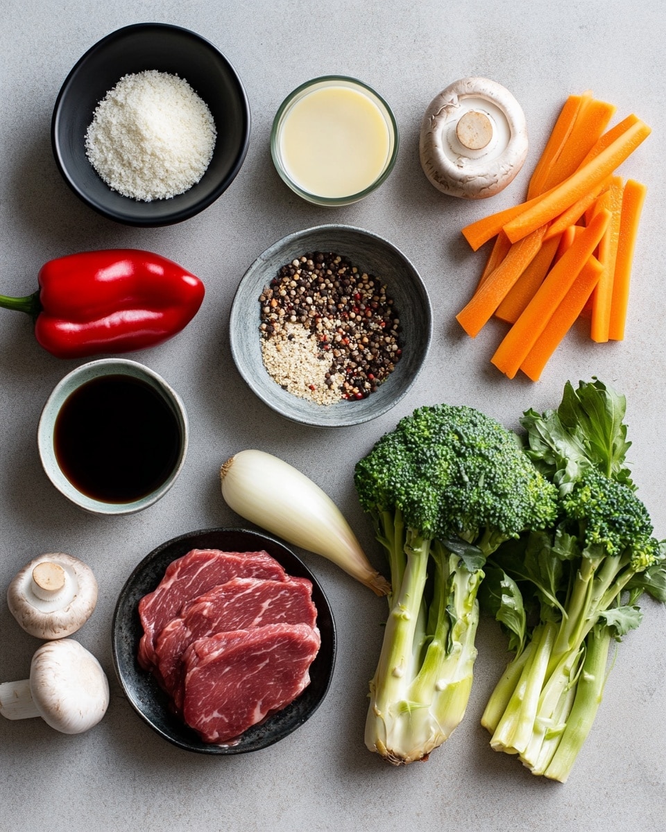 The image shows a large round silver pan filled with a stir-fry dish. The base layer features long, light-brown noodles that fill most of the pan. Mixed throughout are thick pieces of brown cooked meat, scattered evenly on top of the noodles. Bright green snap peas, small broccoli florets, and orange carrot sticks add color and texture, distributed evenly across the dish. There are also chunky white onion pieces, red bell pepper slices, and dark brown mushroom halves placed on the top, creating a colorful mix. The pan sits on a white marbled surface. photo taken with an iphone --ar 4:5 --v 7