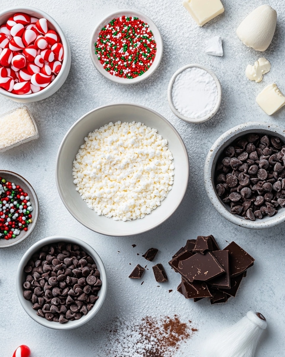 The image shows several thick, square pieces of dark brown chocolate fudge stacked closely on a white marbled surface. Each piece has a smooth and slightly glossy texture with sharp edges, and the top layer of the fudge is decorated with small red, green, and white sprinkles, along with a few white snowflake-shaped sugar decorations. One piece on top has a bite taken out of it, revealing a dense, creamy inside with a rich texture. The sprinkles are scattered around the fudge on the surface, adding a festive and colorful touch. photo taken with an iphone --ar 4:5 --v 7