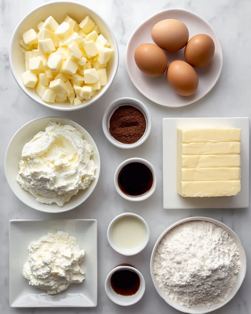 The image shows a neat arrangement of ingredients on a white marbled surface. In the top left is a white bowl filled with pale yellow cubed butter. To its right, there is a white plate holding four brown eggs. Below the butter cubes is a small square white plate with a block of soft yellow butter marked with cut lines. To the right of the butter block are four small white bowls: the top left filled with light brown sugar, top right with a dark liquid (likely vanilla), middle left with white granulated sugar, and bottom left with a dark brown powder (likely cinnamon). At the bottom left is a white bowl full of creamy white cottage cheese or ricotta, and on the bottom right is a larger white bowl heaped with white flour. The ingredients are cleanly separated with ample white space around each container. photo taken with an iphone --ar 4:5 --v 7