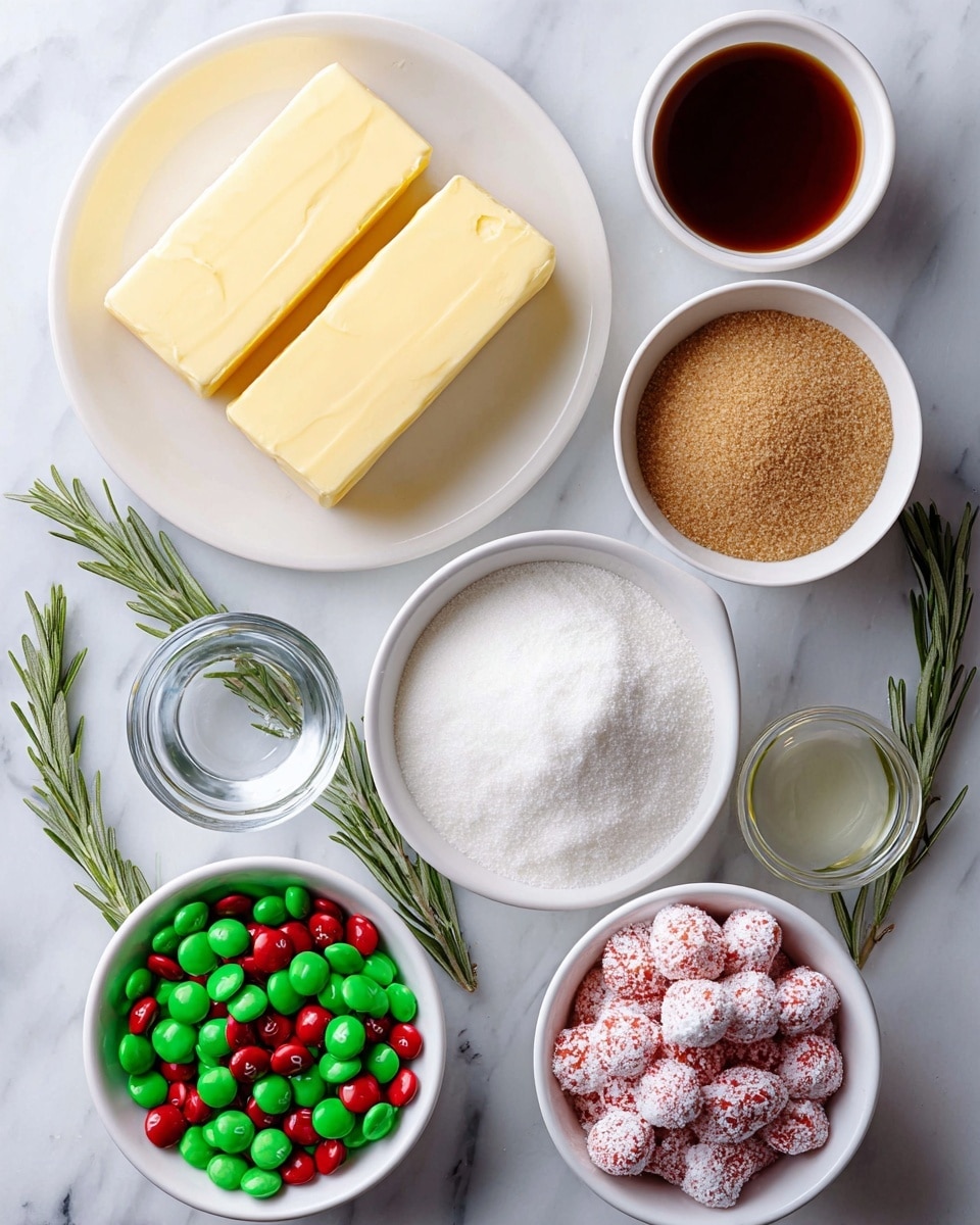 The image shows several white bowls and a white plate arranged on a white marbled surface. On the white plate, there are two thick rectangular blocks of pale yellow butter. Surrounding the plate are six white bowls containing different ingredients: one bowl holds dark brown vanilla liquid, another has a mound of light beige granulated sugar, a smaller bowl contains medium brown ground spice, another small bowl has bright white powder, a medium bowl is filled with pure white flour, and another medium bowl is full of red and green round candies dusted with white powder. A sprig of fresh green rosemary is placed near the ingredients, adding a natural touch. Photo taken with an iphone --ar 4:5 --v 7