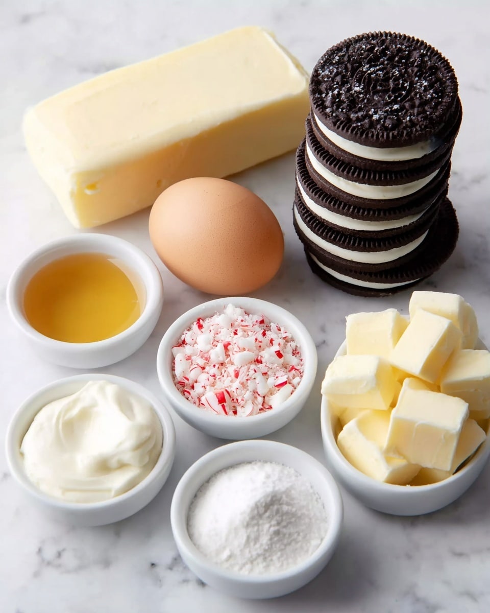 The image shows a group of ingredients arranged on a white marbled surface. In the back left, there is a large rectangular block of white cream cheese, next to a plain brown egg in center. To the right of the egg is a tall stack of chocolate sandwich cookies with white cream filling. In the front row, from left to right, there are five small white bowls: one with golden honey, one with smooth white sour cream, one with crushed red and white peppermint candy, one with white powdered sugar, and one with small cubes of butter. All ingredients are neatly placed and clearly visible. photo taken with an iphone --ar 4:5 --v 7