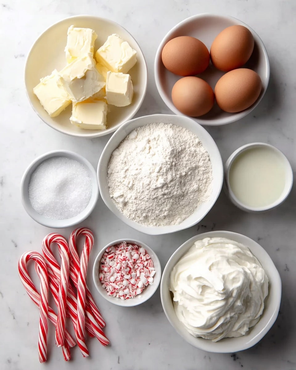 The image shows a flat lay of several white bowls and four brown eggs arranged neatly on a white marbled surface. There is one bowl filled with a large mound of white flour, another containing smooth white cream cheese, and a third with softened butter. Two small bowls hold white sugar and granulated sugar, while another small bowl contains a white liquid for baking. Crushed red and white peppermint candies fill one bowl, and two whole candy canes lie next to it. The overall view is bright and clean with a soft natural light. Photo taken with an iphone --ar 4:5 --v 7