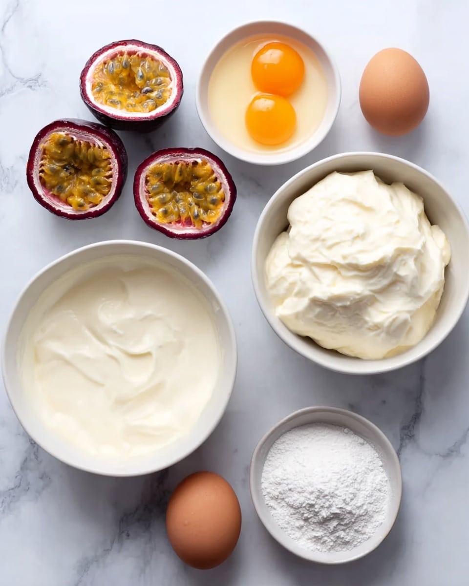 The image shows a white marbled surface with six items arranged neatly on it. There is a large white bowl filled with creamy white mixture placed on the left side. Below it, two halves of a passion fruit with yellow seeds and dark red outer skin sit open side up. To the right of the large bowl, there is a small white bowl containing thick white cream or yogurt, and below that is another small white bowl filled with white powder, likely sugar. Above these, a small white bowl holds two raw egg yolks in clear egg whites, and next to this bowl is a single brown egg standing upright. The colors range from white and beige to yellow and dark red, with smooth and creamy textures contrasting with the seeded passion fruit. photo taken with an iphone --ar 4:5 --v 7