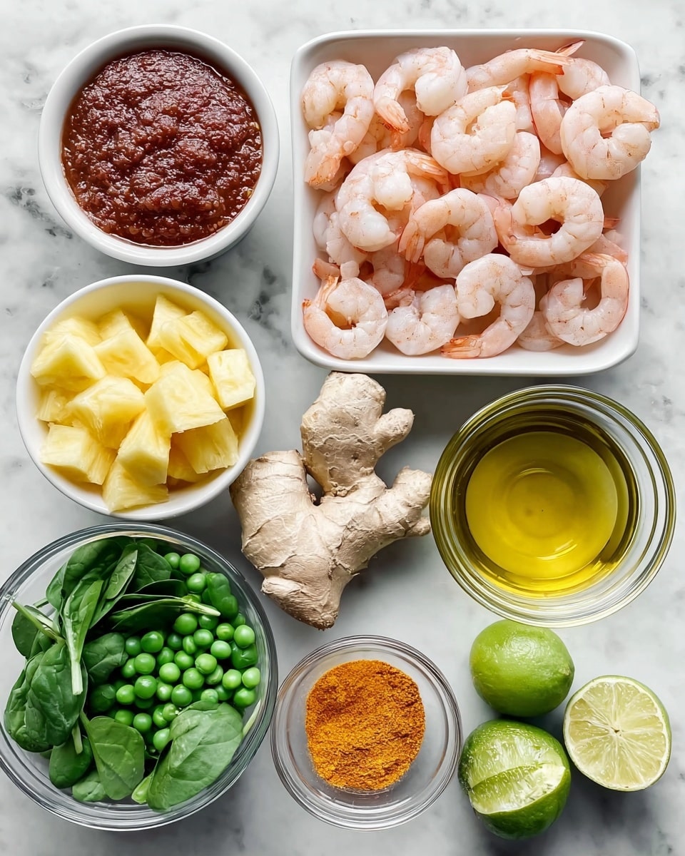 The image shows nine small white bowls and a large white square bowl placed on a white marbled surface. The large square bowl in the center holds light pink cooked shrimp. Surrounding it are bowls with different ingredients: fresh green peas and spinach leaves in one, bright yellow pineapple chunks in another, and golden-yellow turmeric powder in a small glass bowl. There is also a bowl with a dark reddish-brown thick sauce, a bowl with light brown finely ground spice, and a clear glass bowl filled with yellow oil. Next to the bowls are two whole bulbs of white garlic and a fresh piece of pale beige ginger root. Finally, there are two lime wedges placed near the turmeric powder bowl. The photo taken with an iphone --ar 4:5 --v 7