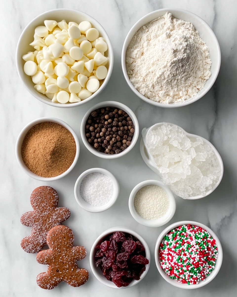 Several small white bowls are arranged on a white marbled surface, each holding different ingredients. In the top left, one bowl is filled with small white chocolate chips. To the right, a bowl with a fine white flour sits next to a small bowl of brown powdered spice below it. Below the flour bowl is a bowl filled with fine white granulated sugar. To the right of these bowls are three smaller white bowls: one with whole black peppercorns, one with coarse white salt, and one with dark red dried berries. Below these bowls, three gingerbread cookies with a brown color and white sprinkled sugar on top lie partially overlapping. In the bottom right, a white bowl is full of red, white, and green festive sprinkles. The photo taken with an iphone --ar 4:5 --v 7