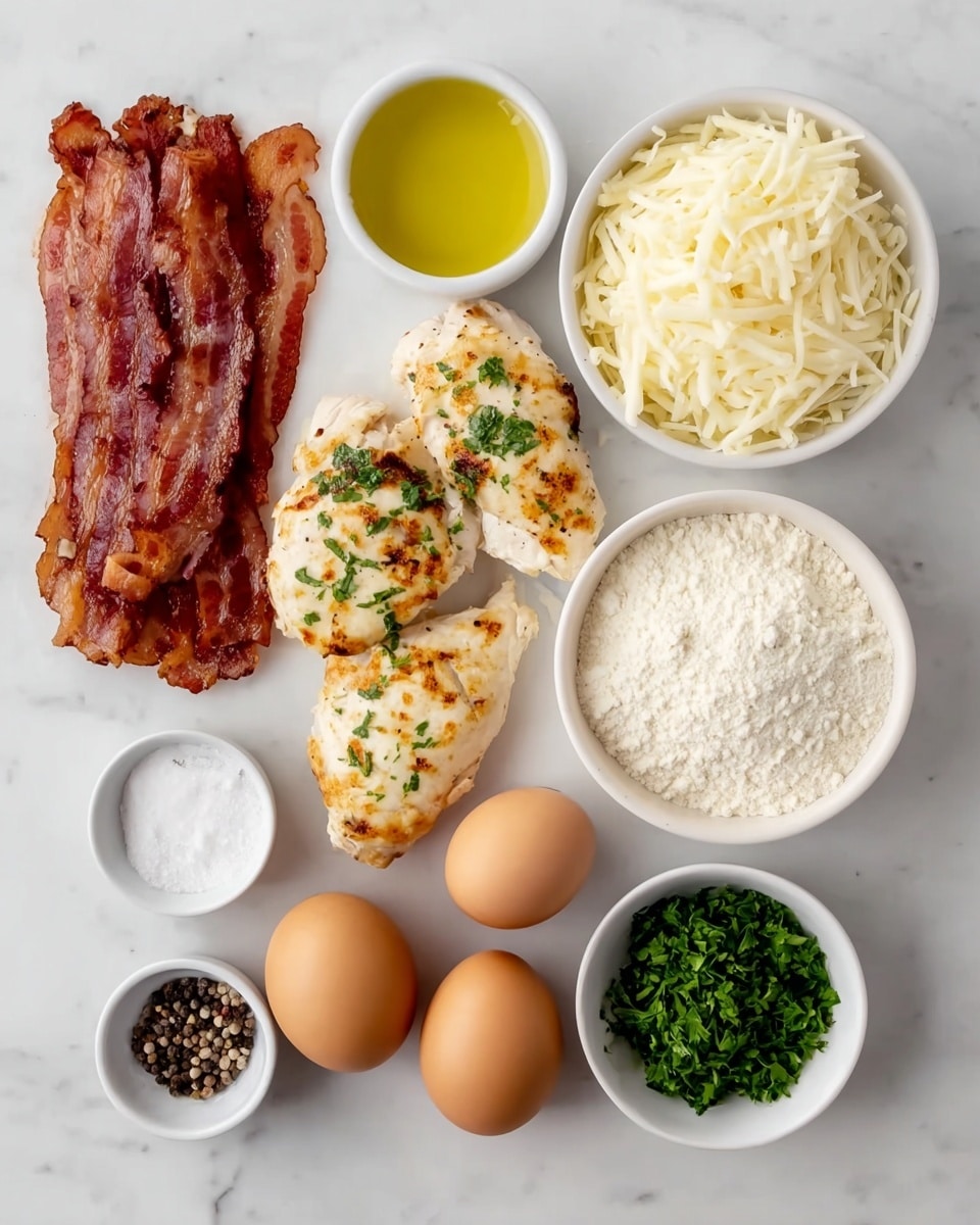 The image shows several cooking ingredients arranged neatly on a white marbled surface. There are two seasoned, grilled chicken pieces with light brown and green herbs on them placed in the center bottom. To the left, there is a stack of crispy cooked bacon strips with a reddish-brown color. Above the chicken, there are small white bowls containing a yellow liquid (likely oil), shredded white cheese, white flour, chopped green herbs, whole black and white peppercorns, and coarse salt. On the bottom right, three brown eggs are placed close together. The colors range from the white and beige of the chicken to the rich reddish tones of bacon, the bright yellow oil, and the fresh green herbs. The setup is clean and simple with good lighting. photo taken with an iphone --ar 4:5 --v 7
