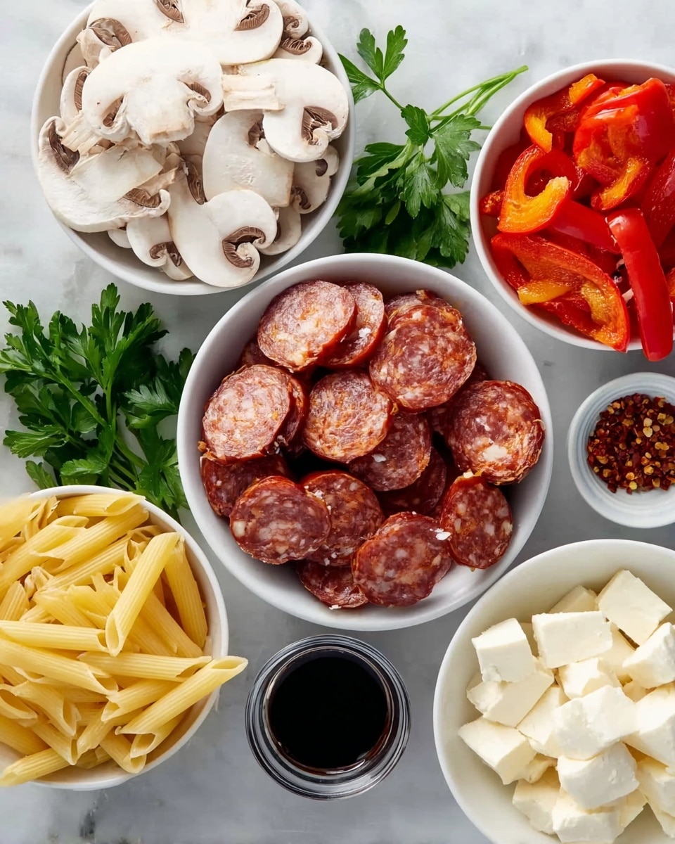 The image shows an overhead view of various ingredients in white bowls set on a white marbled surface. The center white bowl is filled with round slices of marbled, reddish-brown sausage with bits of white fat. Surrounding it clockwise are white bowls containing red roasted peppers, yellow pepper slices, white crumbly cheese, red pepper flakes, fresh green parsley, uncooked pale yellow penne pasta, dark soy sauce, and white mushroom slices with brown gills. The colors are rich and natural, with the ingredients arranged neatly and clearly visible. photo taken with an iphone --ar 4:5 --v 7