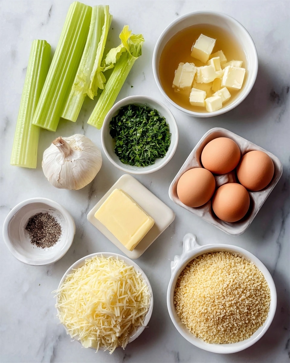 The image shows a white marbled surface with several white dishes arranged neatly. On the top left are light green celery sticks stacked together horizontally. Below them, a white square dish holds four brown eggs. In the center, a small white round bowl contains finely chopped green herbs. Next to it, a small chunk of pale yellow butter sits directly on the marble. To the top right, a white round bowl holds clear golden liquid with small cubes of pale yellow butter floating inside. A whole white garlic bulb is placed beside the butter. Below, two white round bowls contain shredded pale yellow cheese and small yellow grain-like food, arranged side by side. A small round white dish at the upper right is filled with mixed peppercorns. The setup is clean, bright, and organized, photo taken with an iphone --ar 4:5 --v 7