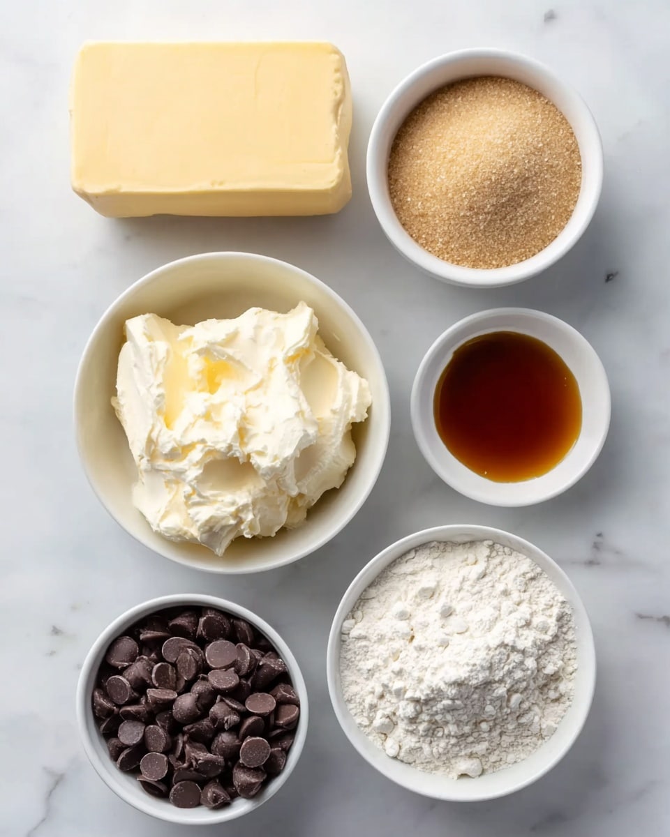 The image shows six ingredients placed neatly on a white marbled surface. At the top left, there is a solid block of pale yellow butter. To its right is a small white bowl filled with light brown sugar. Below the butter is a white bowl holding soft, creamy white cream cheese. On the right side, aligned with the sugar, is another white bowl containing dark amber-colored vanilla extract. Below the vanilla, a larger white bowl holds a heap of fine white flour. At the bottom left corner is a small white bowl filled with small, dark brown chocolate chips. All items are clearly separated and displayed in a tidy layout. Photo taken with an iphone --ar 4:5 --v 7
