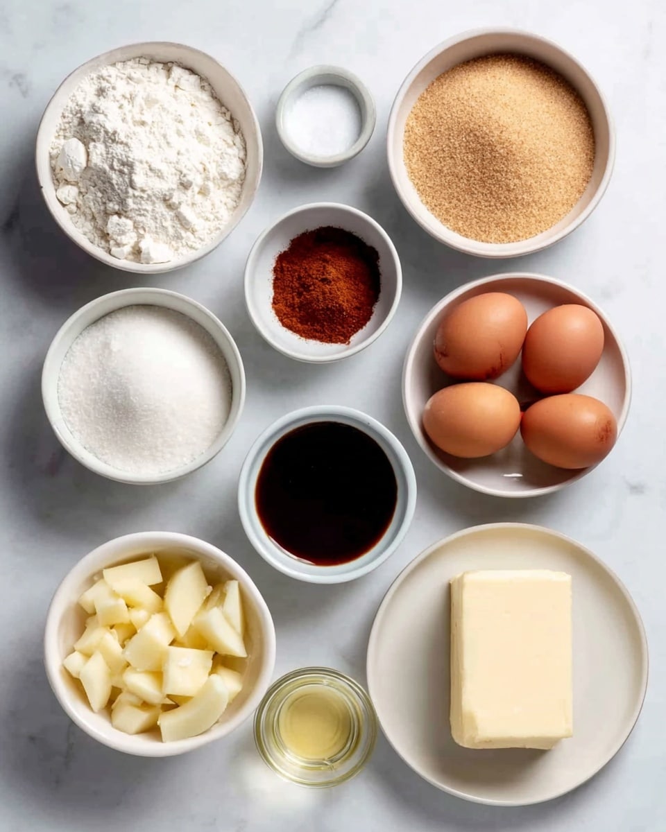 The image shows a neat arrangement of baking ingredients on a white marbled surface. There are nine white bowls and four brown eggs placed in a rectangular pattern. Top left is a bowl filled with white flour, next to it on the right is a bowl with light brown granulated sugar. Below the flour, a smaller bowl of white salt and next to it, a bowl with brown ground cinnamon sit side by side. Four brown eggs are arranged in a square shape to the right of the spices. Below the salt and cinnamon bowls, a small glass bowl with clear golden oil is next to a white bowl filled with dark brown vanilla extract. At the bottom left is a white bowl containing peeled, sliced pale yellow apple pieces. The last white bowl positioned at the bottom right holds a pale yellow block of butter. photo taken with an iphone --ar 4:5 --v 7