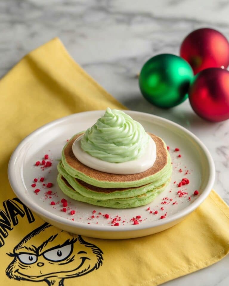 Copycat IHOP Grinch Pancakes with Cream Cheese Icing Glaze and Green Whipped Cream Recipe