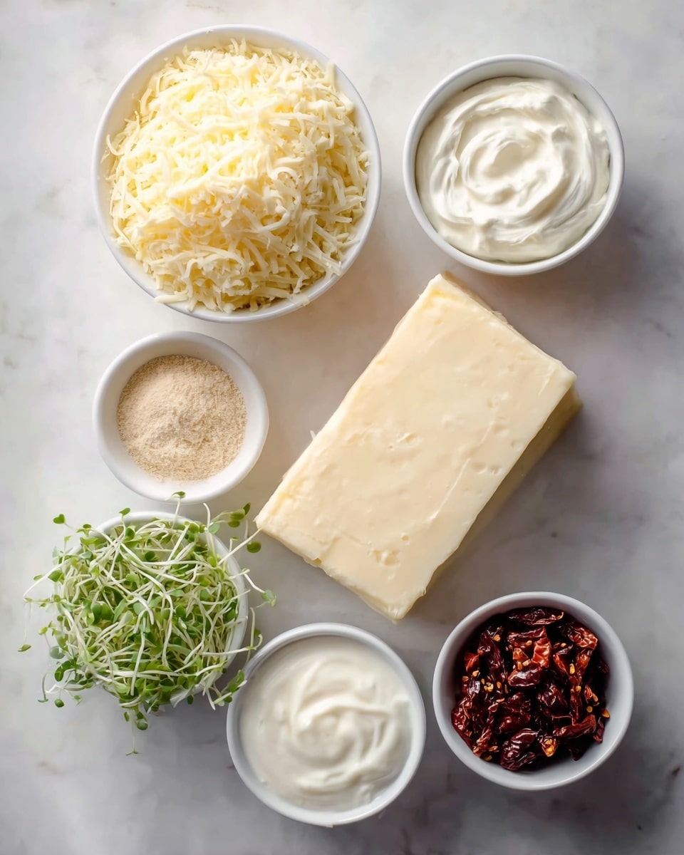 A white marbled surface holds six white bowls and a large square block arranged neatly: the top left bowl is filled with grated pale yellow cheese, next to it on the right is a bowl with smooth white sour cream, below is a large square block of crumbly white cheese placed slightly tilted; below the cheese block and to the right is a bowl with dark red sun-dried tomatoes with crunchy texture; directly below the cheese on the left is a bowl of thick white sauce, above that is a small bowl filled with bright green sprouts, and next to it is a small bowl holding light brown salt and pepper mix. photo taken with an iphone --ar 4:5 --v 7