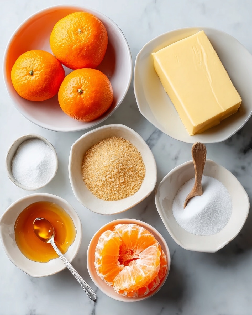 The image shows six white bowls and a peeled orange half arranged on a white marbled surface. At the top right, three whole bright orange tangerines sit in one bowl. To the left of them, a peeled orange half with visible juicy sections rests directly on the surface. Below that, a small bowl holds light brown sugar with a coarse texture. To the left, a bowl contains white granulated sugar with a smooth look. At the bottom left, a small bowl with a green interior holds a spoon and some honey, amber and shiny. Next to it, another bowl contains fine white salt. On the bottom right, a bowl contains two pale yellow slices of butter stacked neatly. The setup is neat, simple, and fresh. photo taken with an iphone --ar 4:5 --v 7