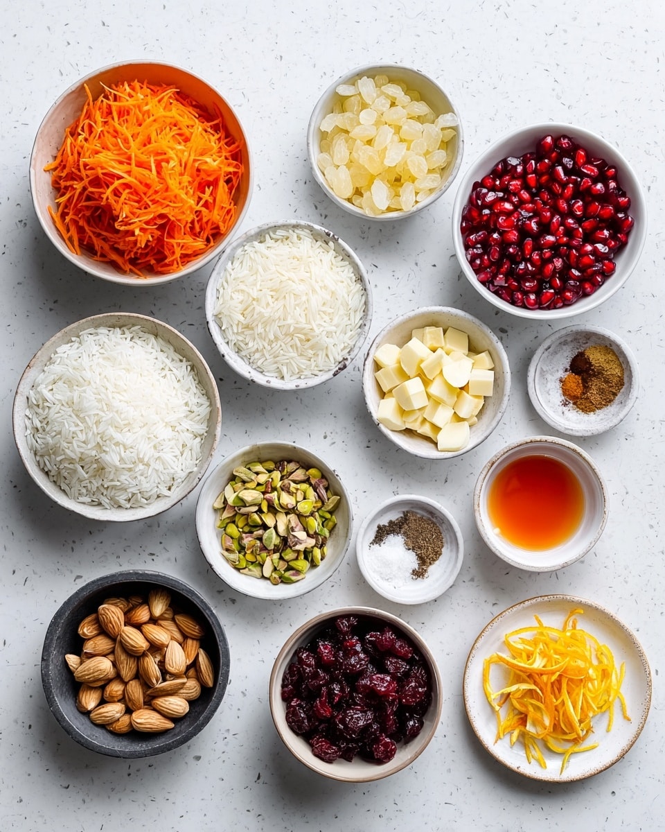 This image shows eleven small white bowls and plates on a white marbled surface. They contain different ingredients: shredded orange carrots, bright red pomegranate seeds, three ground spices in brown and black tones on a small white plate, white long rice grains in a bowl, finely chopped white onions, slivered light beige almonds in a bowl, mixed salt and black pepper in a white scalloped bowl, shelled dark green pistachios in a bowl, golden raisins in a small black bowl, dark red dried barberries in a bowl, and two blocks of light yellow butter in a small bowl. The overall setup is clean and neat, seen from above. Photo taken with an iphone --ar 4:5 --v 7
