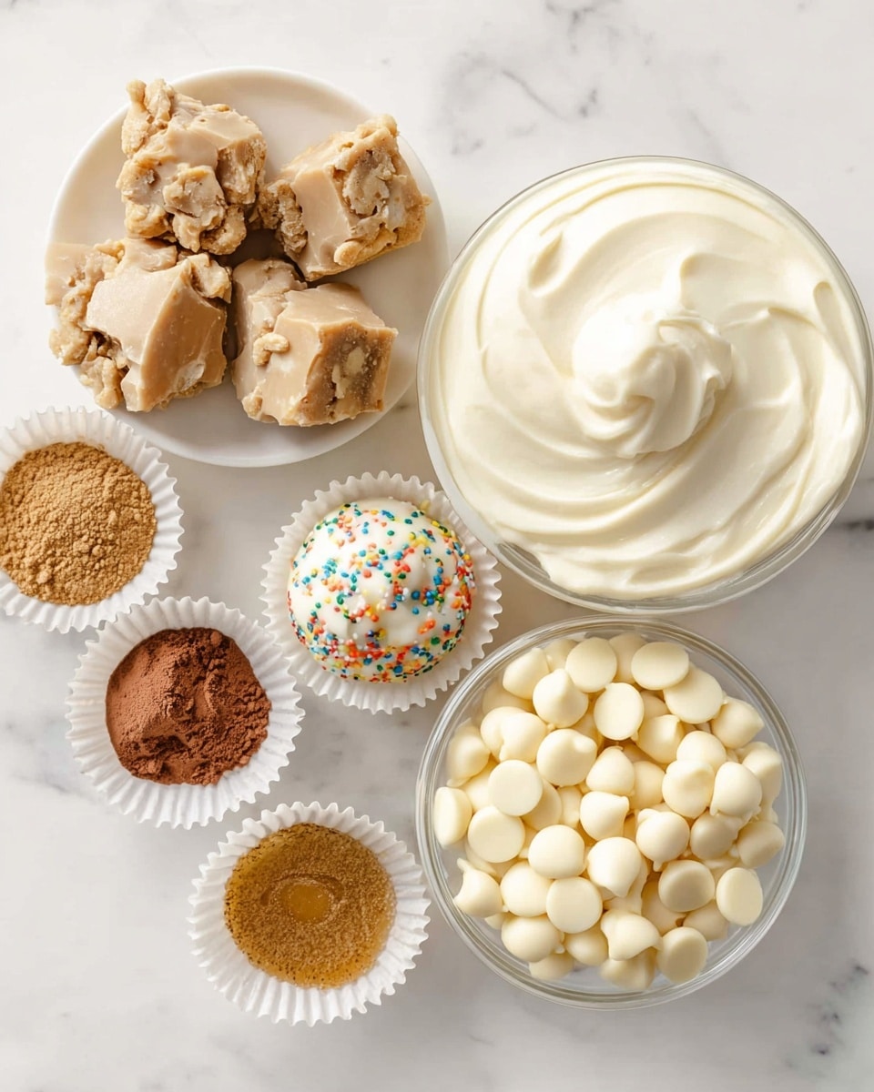 The image shows six small bowls with different ingredients set on a white marbled surface. In the top left is a white bowl filled with rough, light brown crumbly pieces. To its right is a clear bowl holding a smooth, creamy white substance. Below these two, on the left side, are two small clear bowls; one contains a reddish-brown powder, and the other has a lighter brown powder. Below them, there is a small white bowl with a golden liquid inside. On the bottom right, a large clear bowl is filled with many small, round, creamy white chips, looking smooth and shiny. photo taken with an iphone --ar 4:5 --v 7