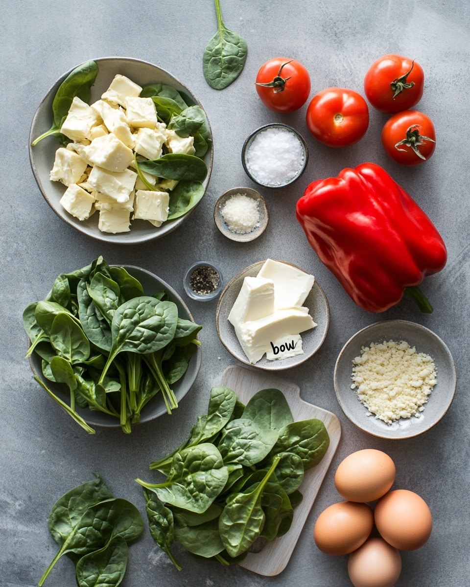 The image shows a ring-shaped baked dish with three main layers: the outer layer is a golden-brown baked dough with a slightly crispy texture and some sprinkled cheese on top; underneath the dough, there is a green, creamy spinach and cheese filling that looks soft and rich, with bits of red pepper mixed in; the dish is decorated with three shiny red cherry tomatoes placed on top, spaced evenly around the ring, and a large red bow made of a smooth, shiny material is placed at the bottom left of the ring. This entire dish sits on a white plate, which is on a white marbled surface with a striped cloth with pine cones in the background. Photo taken with an iphone --ar 4:5 --v 7