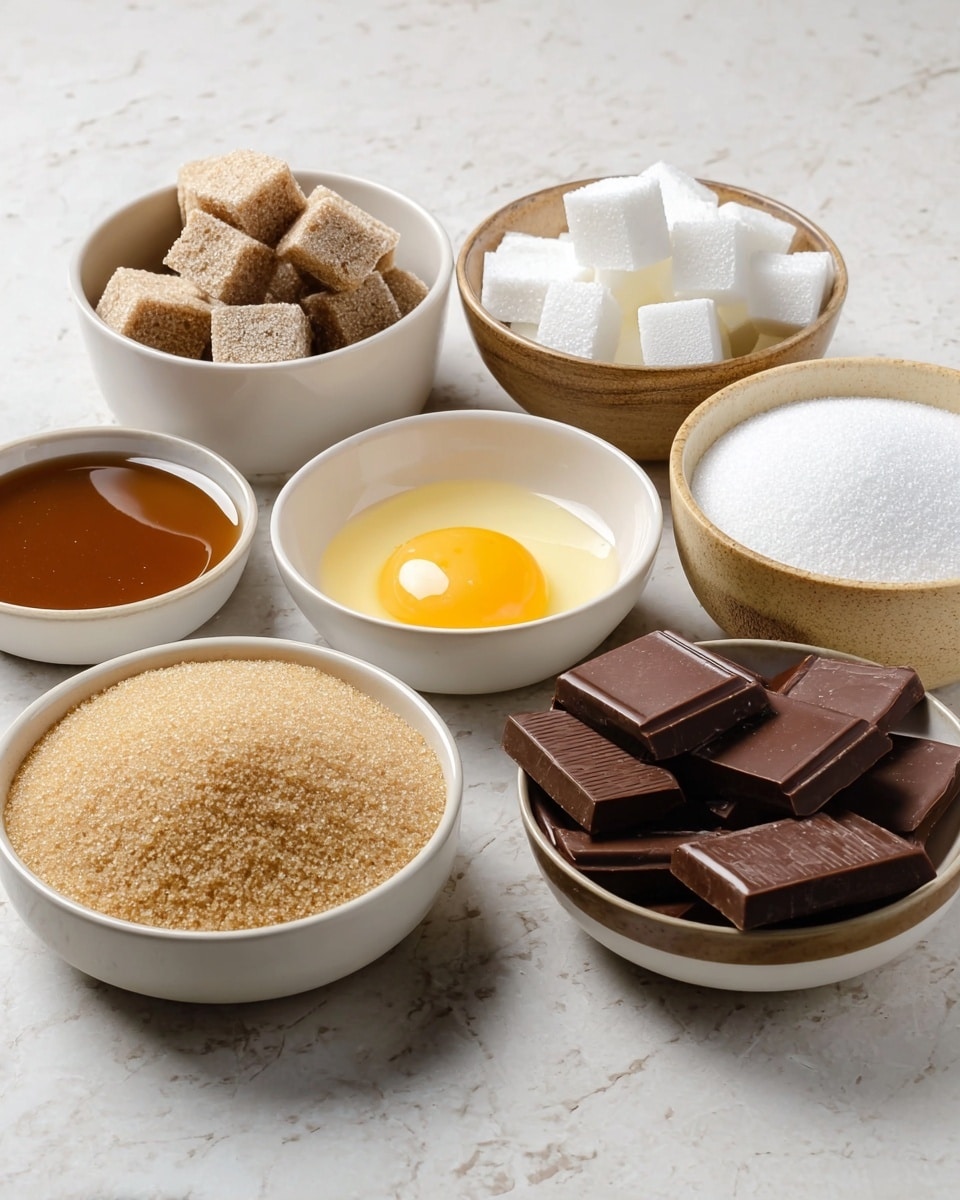 The image shows seven small white bowls filled with different baking ingredients arranged neatly on a white marbled surface. Starting from the front left, there is a bowl with light brown thick liquid, possibly syrup or molasses. Next to it, a bowl filled with a mound of light brown granulated sugar stands prominently in the center. Behind this bowl and slightly to the left, there is a bowl containing several large irregular-shaped blocks of brown sugar. Directly behind the light brown sugar bowl is a bowl of white cubed sugar cubes. To the right and slightly behind, there is a bowl filled with fine white granulated sugar. To the far right, a bowl contains neatly stacked rectangular pieces of dark brown chocolate. In the front right, a bowl shows a single raw egg with bright yellow yolk and clear egg white. All bowls sit on a clean white marbled surface. photo taken with an iphone --ar 4:5 --v 7