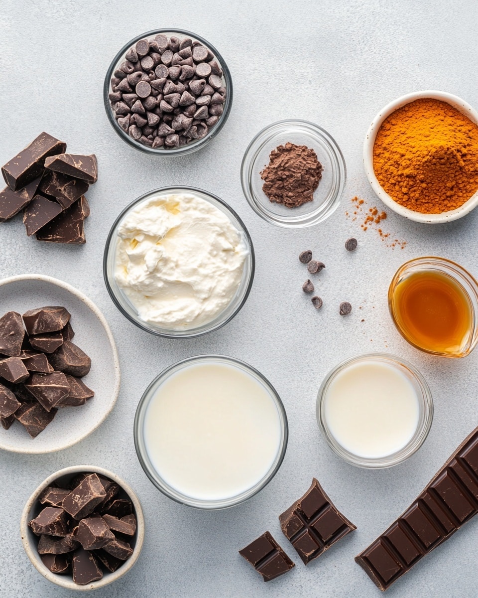 A close-up view of two white cups filled with thick dark chocolate. Each cup is topped with a generous layer of small white marshmallows that float on the surface. One cup is in the front center, showing rich, glossy chocolate beneath the marshmallows, while the other cup stands slightly behind to the right, also filled with chocolate and marshmallows. The setting includes a blurred background with green pine branches and brown pine cones, creating a festive feel. A red and white striped candy cane is placed at the bottom right edge on a white marbled texture surface. Photo taken with an iphone --ar 4:5 --v 7