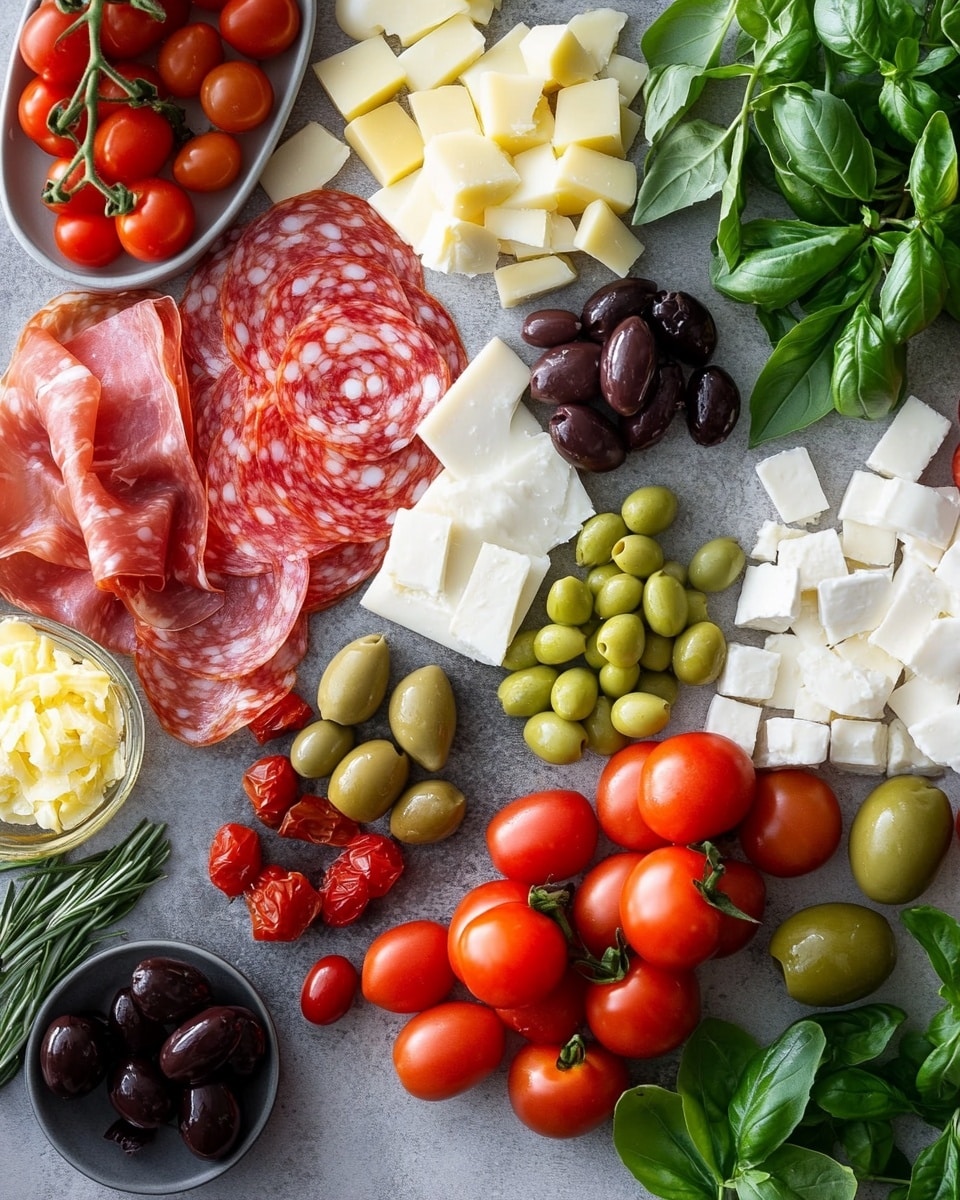 A round white plate is arranged with many small skewers forming a wreath shape. Each skewer has layers starting with green rosemary sprigs at the base, followed by red folded slices of salami, white cubes of herb-seasoned cheese, black olives, small white mozzarella balls, artichoke pieces, green olives, bright red cherry tomatoes, and small pickles. The colors alternate, creating a festive look with green, red, white, and black hues. The textures range from smooth olives and cheese to the rougher rosemary and folded meat. The plate sits on a white marbled surface. photo taken with an iphone --ar 4:5 --v 7