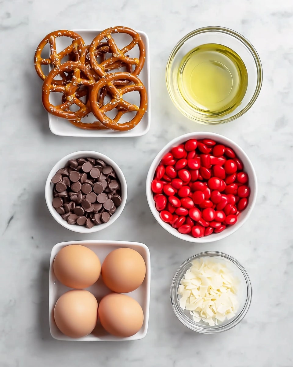 The image shows six ingredients neatly arranged on a white marbled surface. At the top left, there is a small white square dish filled with golden brown salted pretzels. To its right, a small white round bowl is filled with bright red candy-coated chocolates with white letters printed on them. Below the pretzels, there is a small white square dish filled with dark chocolate chips. To the right of that is a clear glass bowl containing light yellow oil. At the bottom left corner, a small clear round container holds white chocolate shavings. On the bottom right side, four light brown eggs rest directly on the white marbled surface. The arrangement is clean and organized, with different textures and colors standing out clearly. photo taken with an iphone --ar 4:5 --v 7