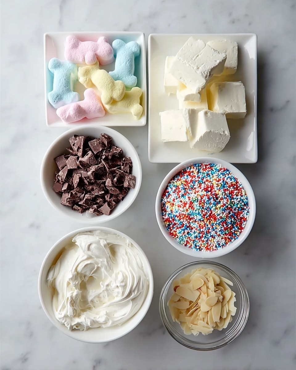 The image shows six containers of different ingredients on a white marbled surface. At the top right, there is a white plate with nine square pieces of smooth, creamy white block-like items stacked neatly. To the top left, there is a small pile of pastel-colored animal-shaped marshmallows in shades of blue, pink, yellow, and white. Below, towards the center left, there is a white bowl filled with small, chunky dark brown chocolate pieces. Next to it on the right, another white bowl is filled with tiny round multicolored sprinkles in red, blue, yellow, green, white, and orange. At the bottom left, there is a white bowl with a swirl of smooth white cream or frosting. Lastly, on the bottom right, there is a clear glass bowl filled with slivered white almonds. The photo taken with an iphone --ar 4:5 --v 7