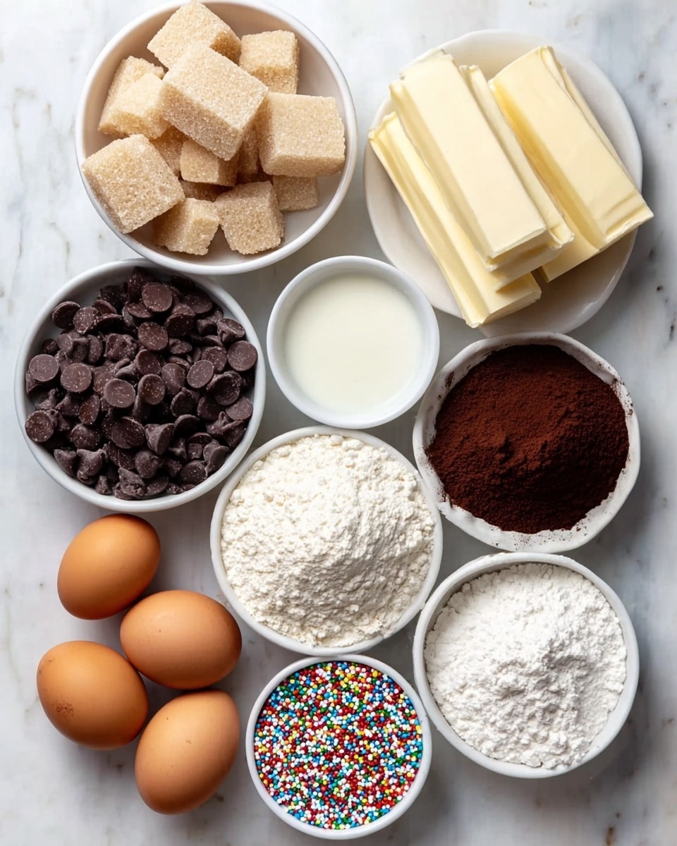 The image shows a white marbled surface with baking ingredients neatly arranged in small white bowls and loose on the surface. There are three light brown eggs in the lower left, a pile of white flour in the upper left, and a collection of light yellow butter sticks next to the flour. Dark brown chocolate chips fill a bowl in the upper right, with a brown cocoa powder pile in a bowl below the chocolate chips. A bowl of white milk is near the middle, and next to it are white powdered sugar and colorful round sprinkles in separate white bowls. Light brown sugar cubes fill another bowl near the butter. The overall look is clean and organized, showing all raw ingredients before mixing photo taken with an iphone --ar 4:5 --v 7