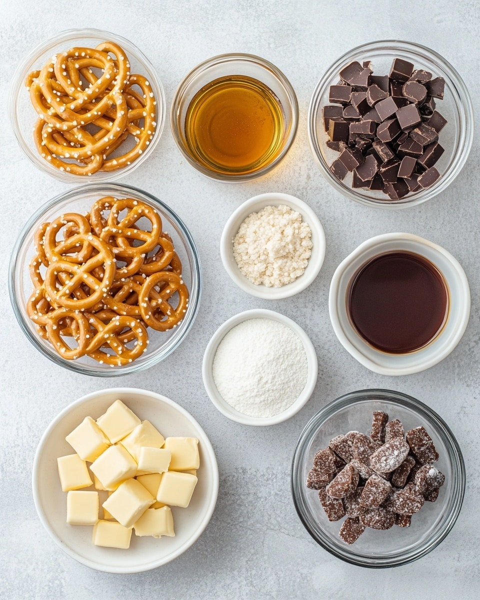 A close-up of a woman's hand holding a small stack of three pretzels coated in a smooth, shiny caramel layer, sprinkled with small chopped nuts. The pretzels are a warm golden brown with a slightly sticky and glossy texture from the caramel. In the soft-focused background, there are several white plates and a white rectangular dish all filled with more caramel-coated pretzels on a white marbled surface. The image shows a cozy and inviting snack scene. photo taken with an iphone --ar 4:5 --v 7