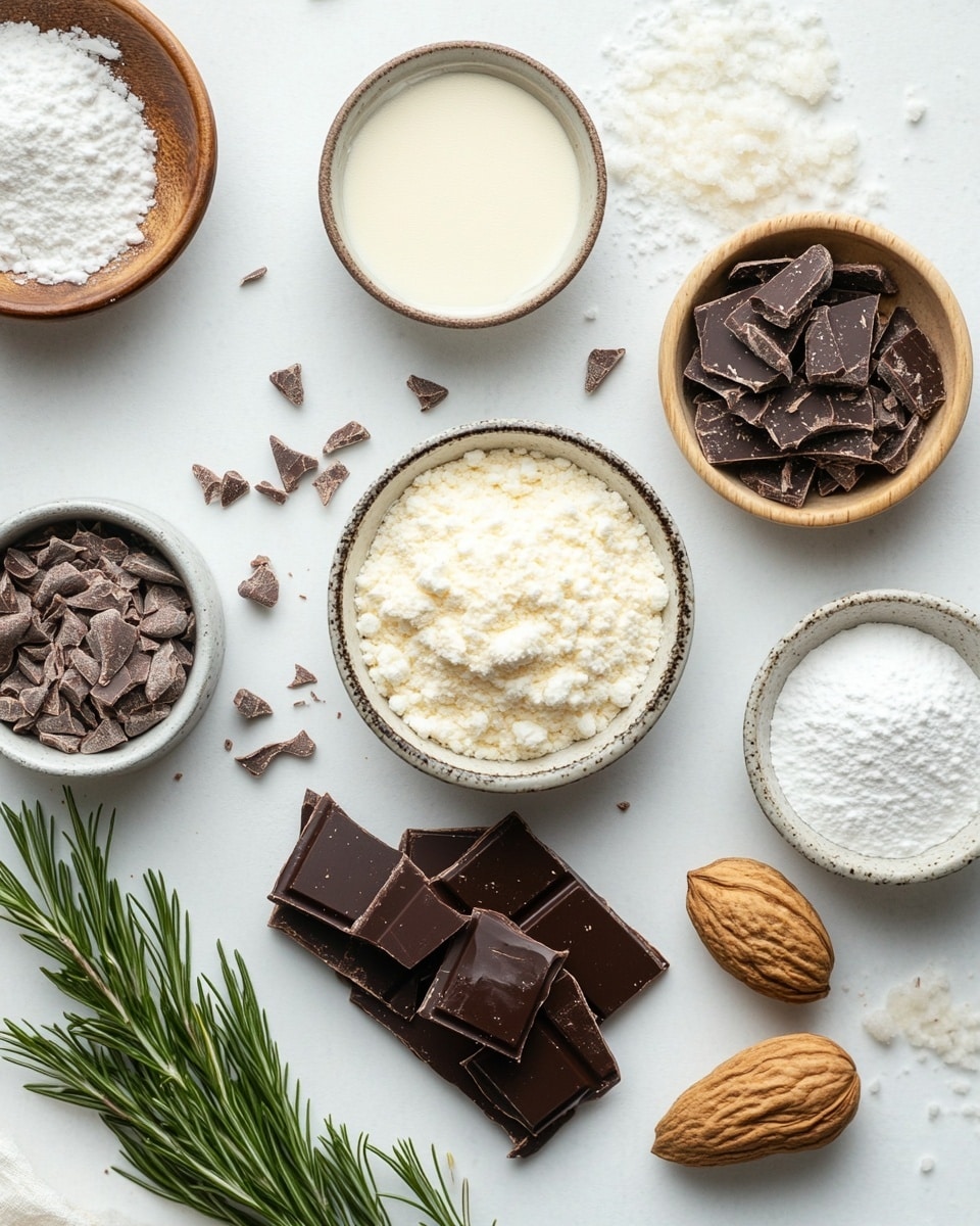 A white bowl is filled with round chocolate-covered mint patties stacked in one layer, each with a smooth dark brown chocolate shell. Two of the patties are cut in half and placed on top and to the side, showing a thick, white mint filling inside, contrasting with the chocolate outer layer. The bowl is placed on a white marbled surface, and in the background, there is another white bowl filled with silver and blue-wrapped candies. A few unwrapped and wrapped candies are scattered around the bowls. Photo taken with an iphone --ar 4:5 --v 7