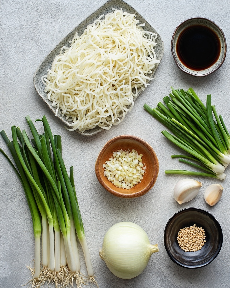 A white round plate filled with dark golden brown thin noodles, mixed evenly with light translucent bean sprouts and bright green scallions scattered on top. The noodles appear slightly shiny, with a smooth texture, loosely piled in the center of the plate. The plate is placed on a white marbled surface with a pink and white checkered cloth visible at the bottom left, and a glimpse of another plate with similar noodles at the top. Light pink chopsticks rest on the surface to the right side of the plate. Photo taken with an iphone --ar 4:5 --v 7