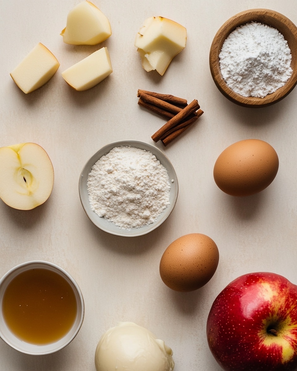 A round bundt cake with a thick ring shape is shown. The cake has 12 rounded bulges around its edge, each coated evenly with a light brown cinnamon sugar mix. The cake looks soft and slightly golden brown underneath the sugar, giving a textured, granulated look. It is resting on a simple white plate that contrasts with the color of the cake. The background features a white marbled surface with a green apple and wooden bowl partially visible, adding a cozy kitchen vibe. photo taken with an iphone --ar 4:5 --v 7