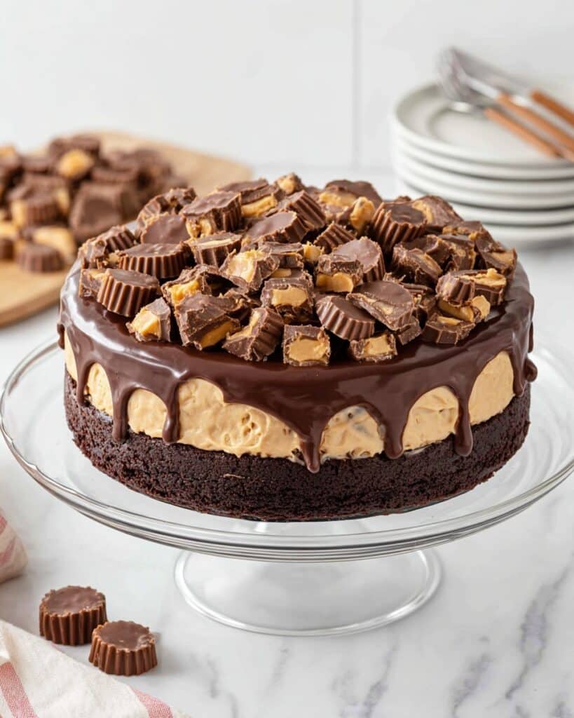 Festive Reese’s Cheesecake with Brownie Crust and Peanut Butter Cup Topping Recipe