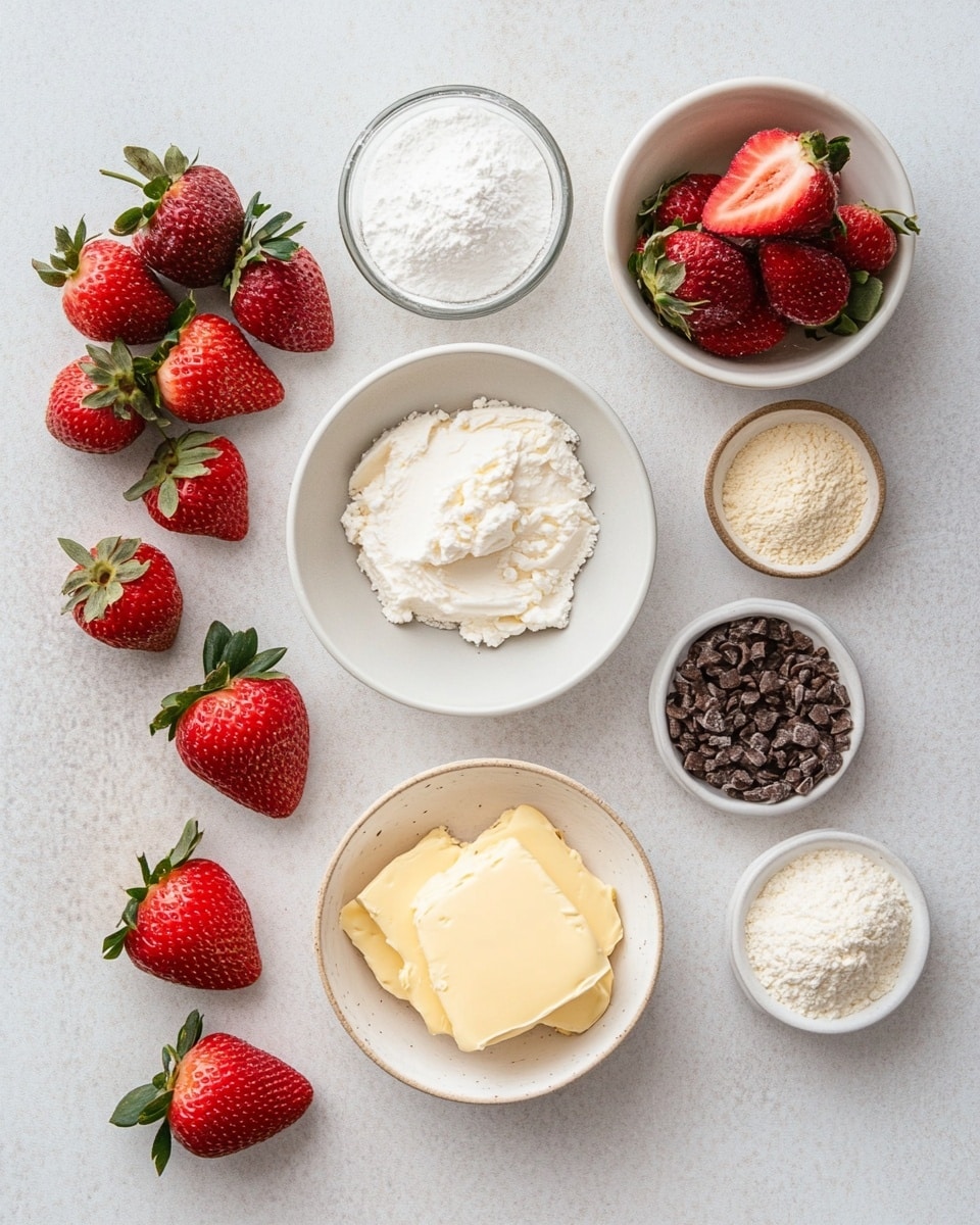Twelve round strawberry cookies with a light golden color and soft texture are spread out in a 4 by 3 grid on a black cooling rack. Each cookie shows small, bright red pieces of strawberry embedded in the dough, adding pops of color throughout. Around the cooling rack, fresh strawberries with green leaves are scattered on a white marbled surface. A white bowl filled with whole strawberries sits in the top left corner and a portion of a white plate with a black rim is visible in the top right. A black and white patterned cloth is partially seen in the bottom left corner. photo taken with an iphone --ar 4:5 --v 7