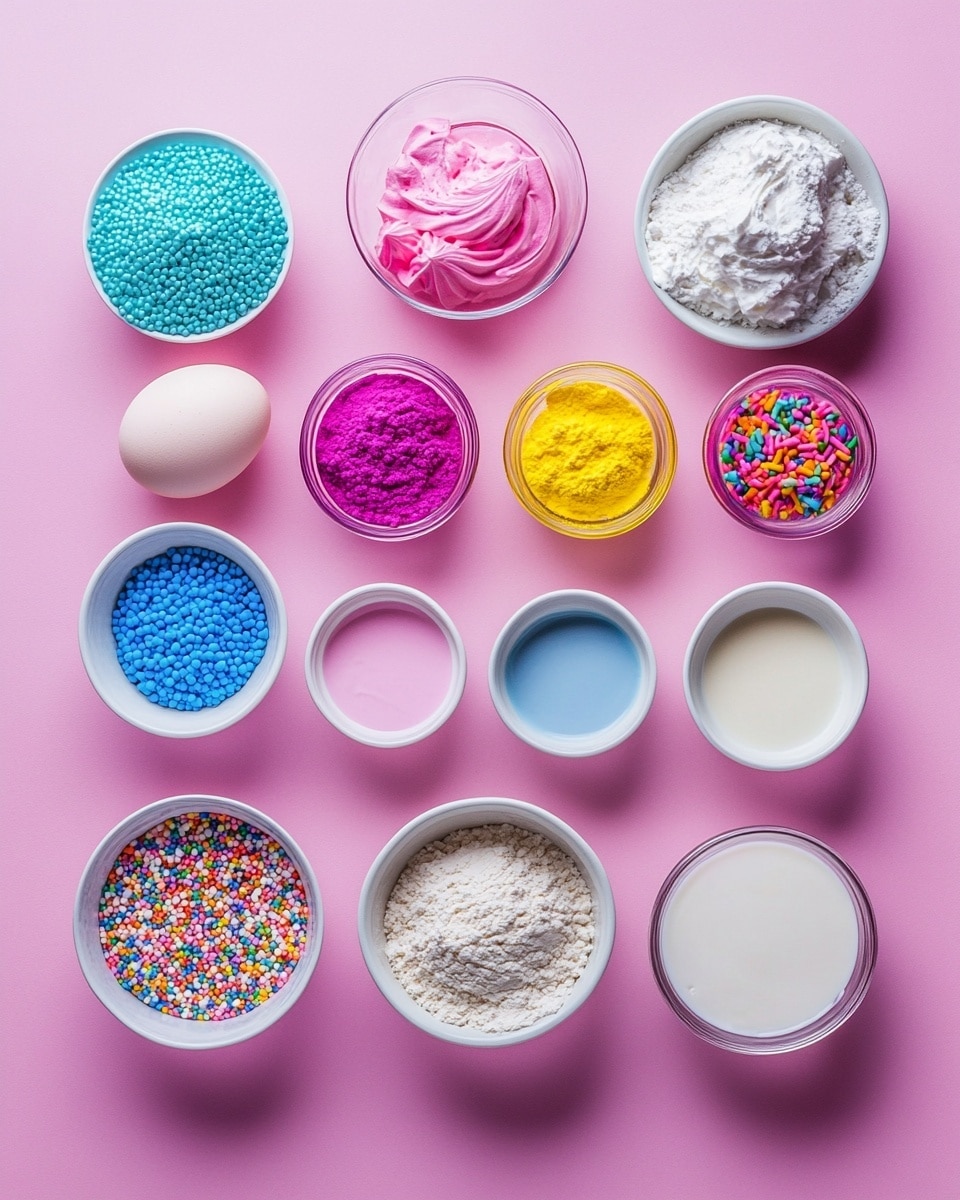 A colorful slice of cake sits on a white plate over a white marbled surface. The cake has three main layers with a soft texture: the bottom layer is bright blue, the middle layer is purple, and the top middle layer is light pink. A smooth, thick layer of pale yellow cream lies above the cake layers, topped by a thick white whipped frosting. On top of the frosting are many bright sprinkles in shapes and colors like pink, blue, purple, yellow, and white. The cake shows a small bite taken out of the corner, showing the inside layers clearly. Photo taken with an iphone --ar 4:5 --v 7